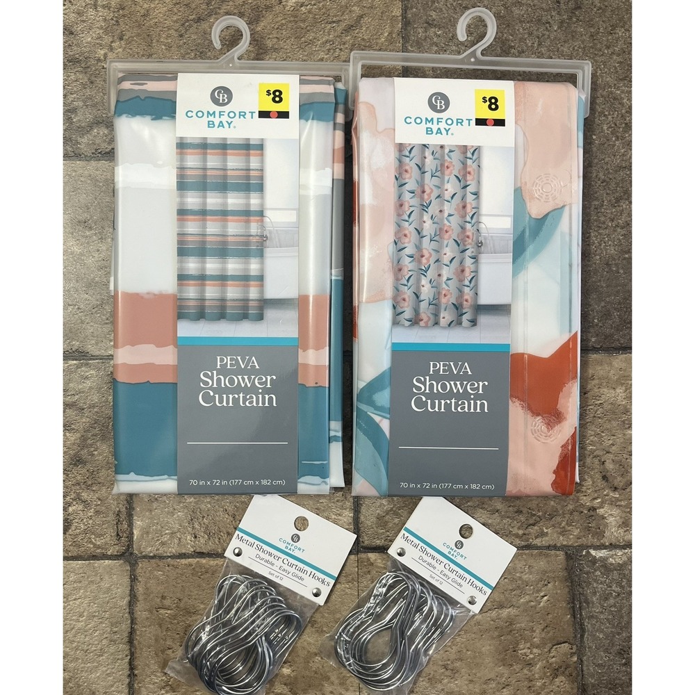2  Shower Curtains 70 X 72 Coral/Teal Striped/Flowers and Hooks Comfort Bay